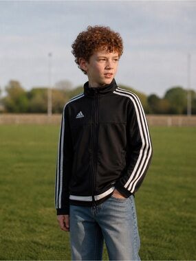 Adidas Youth Black Track Jacket with White Stripes • size youth medium